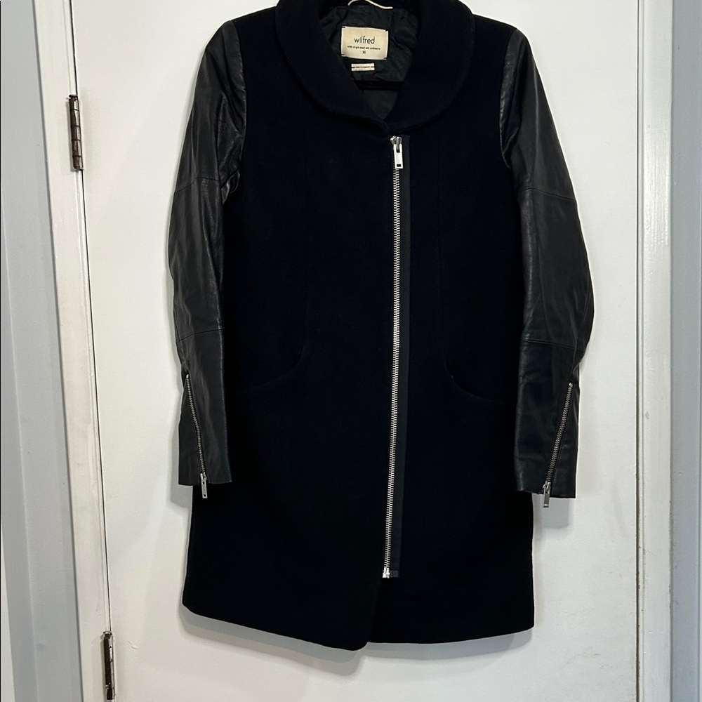 Aritizia Wilfred Black Leather Virgin Wool Cashmere Moto Fei Jacket Cocoon Coat